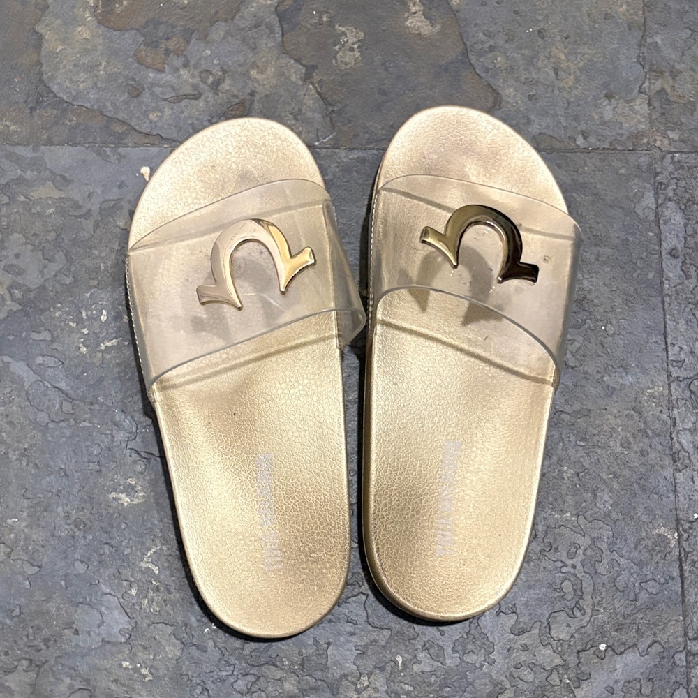 True Religion Gold Slide Sandals
